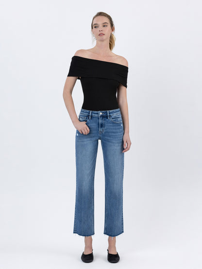 High Rise Raw Hem Ankle Straight Jeans