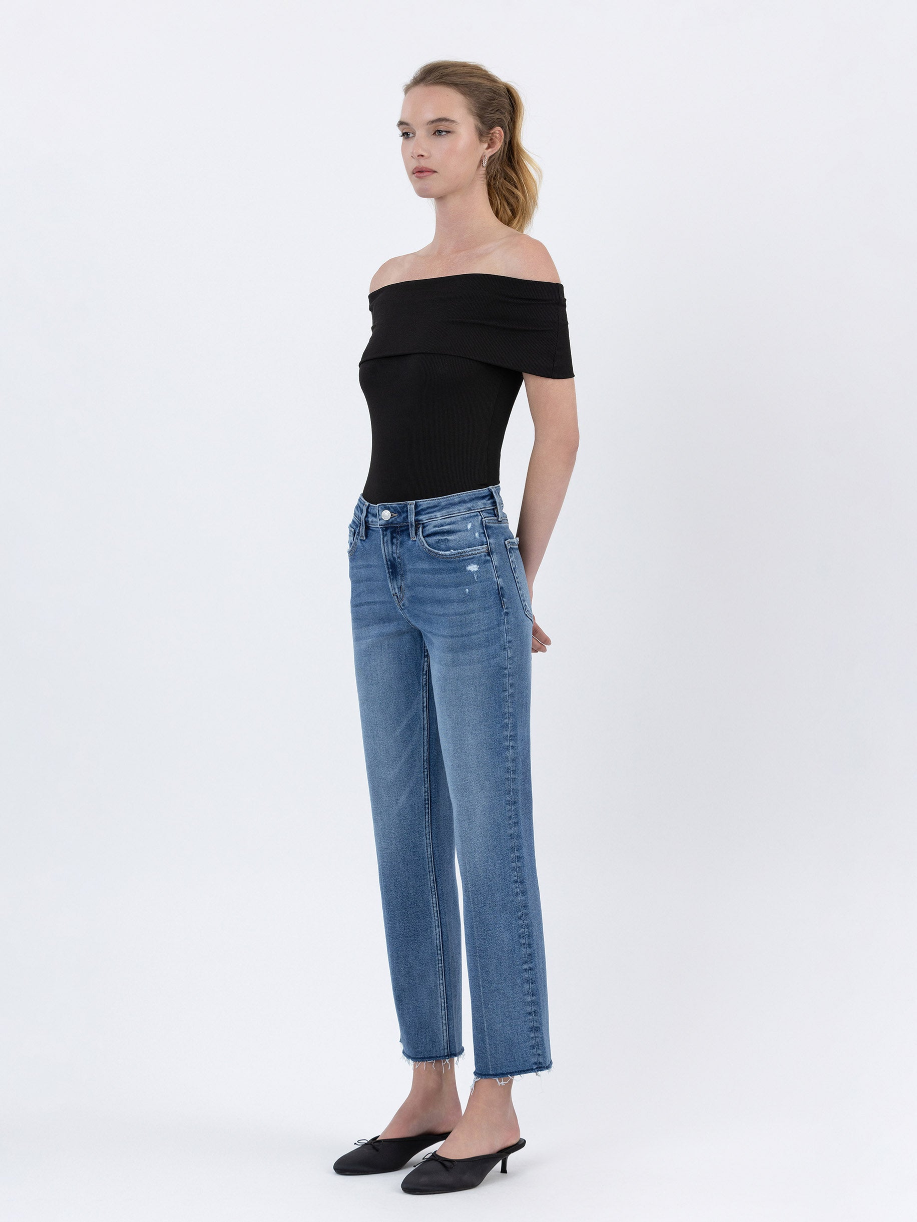 High Rise Raw Hem Ankle Straight Jeans