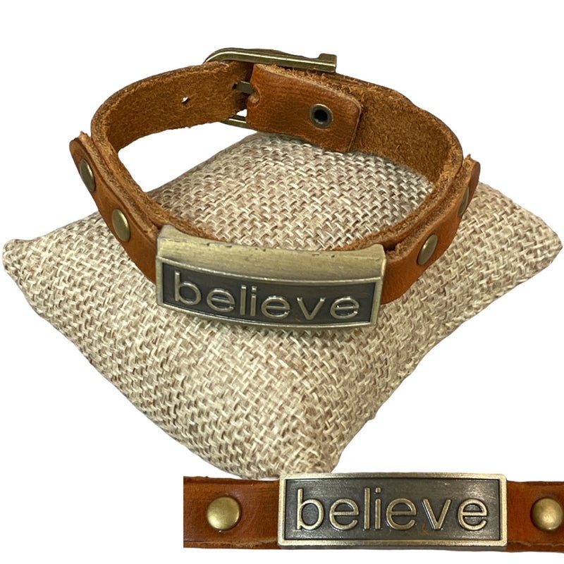 Believe Steel Bar Leather Bracelet - Vintage Vault Boutique