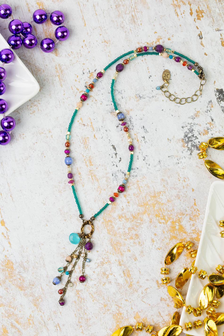 Mardi Gras 17.5-19.5&quot; Czech Glass, Chalcedony Tassel Necklace