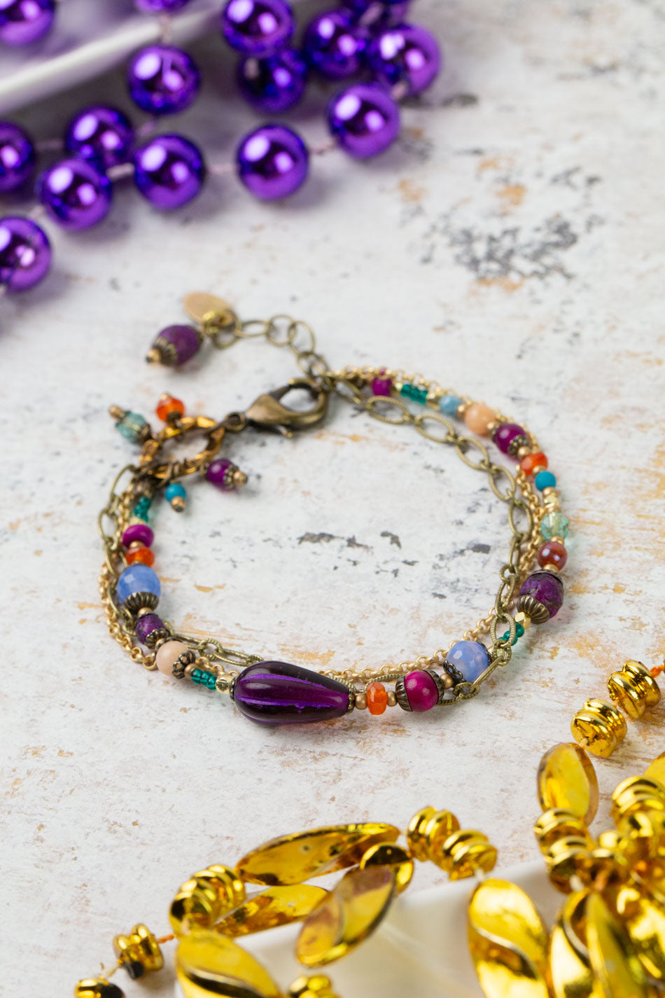 Mardi Gras 7.5-8.5&quot; Czech Glass Multistrand Bracelet