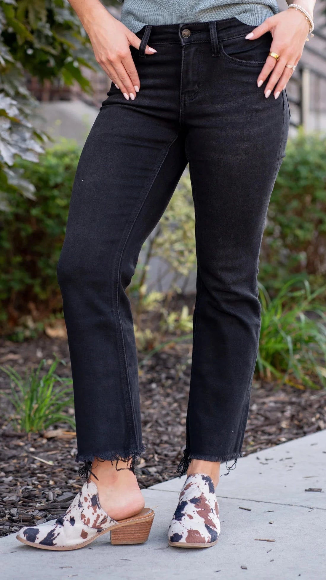 Mid Rise Distressed Hem Crop Flare