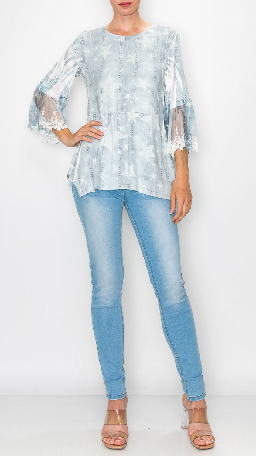 Denim and Star Print with Lace Top 