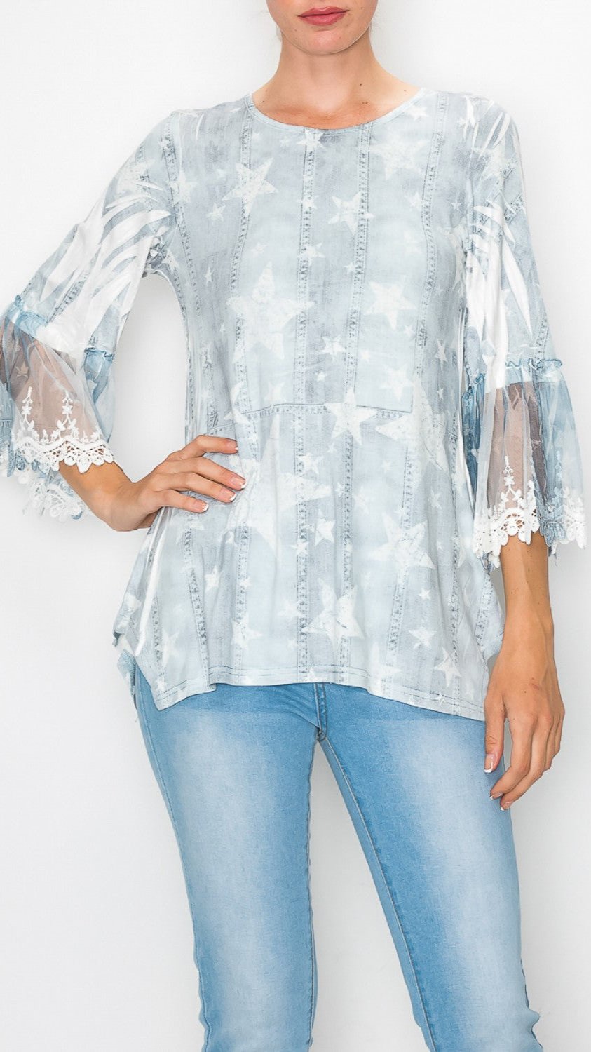 Denim and Star Print with Lace Top 