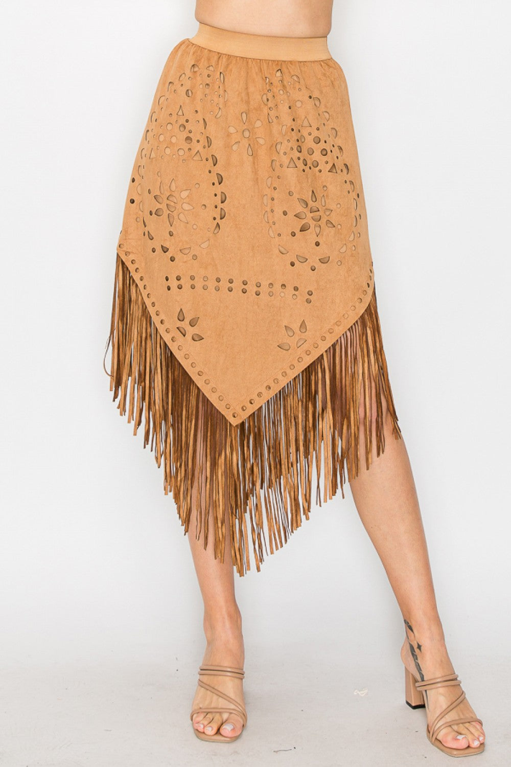 Camel Faux Suede Fringe Skirt