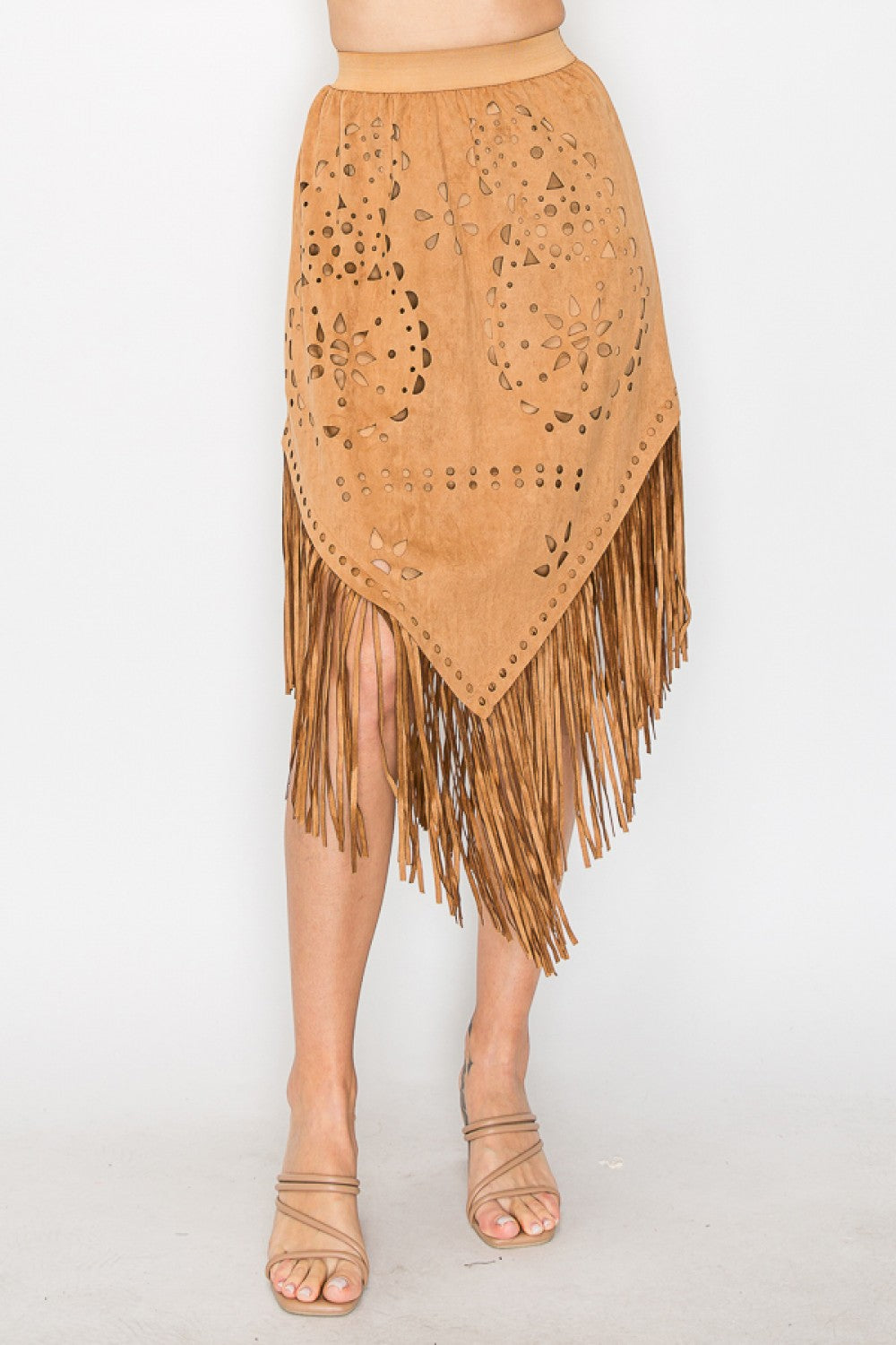 Camel Faux Suede Fringe Skirt