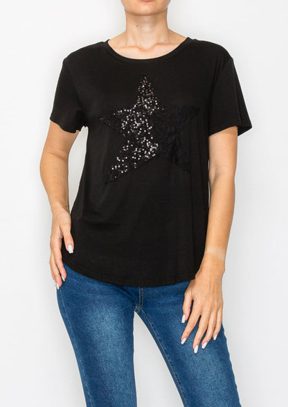 Black T-Shirt with Star Sequin Design 