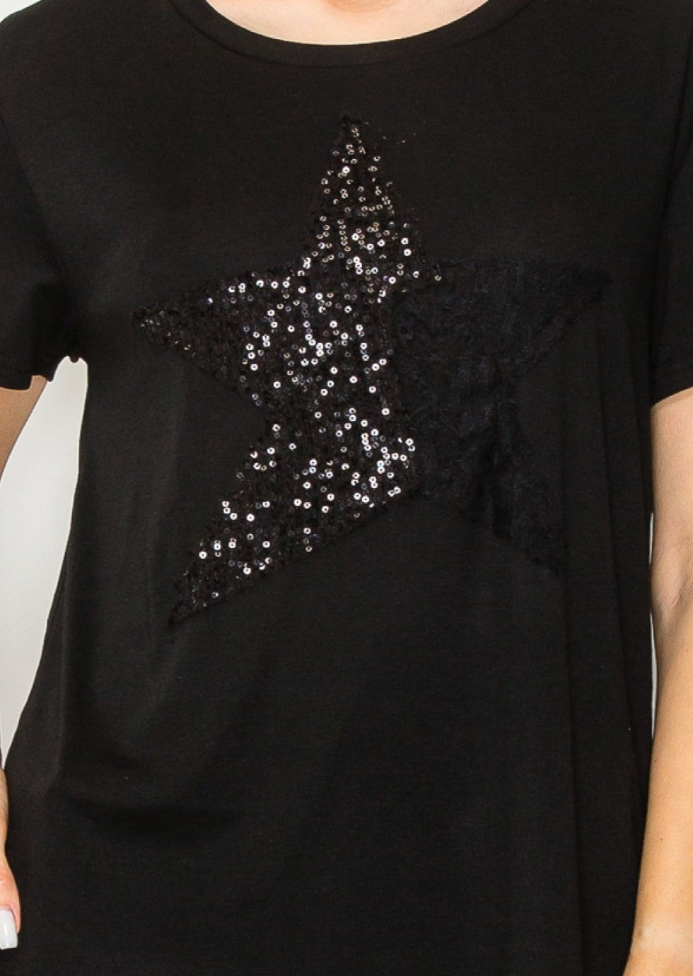 Black T-Shirt with Star Sequin Design 