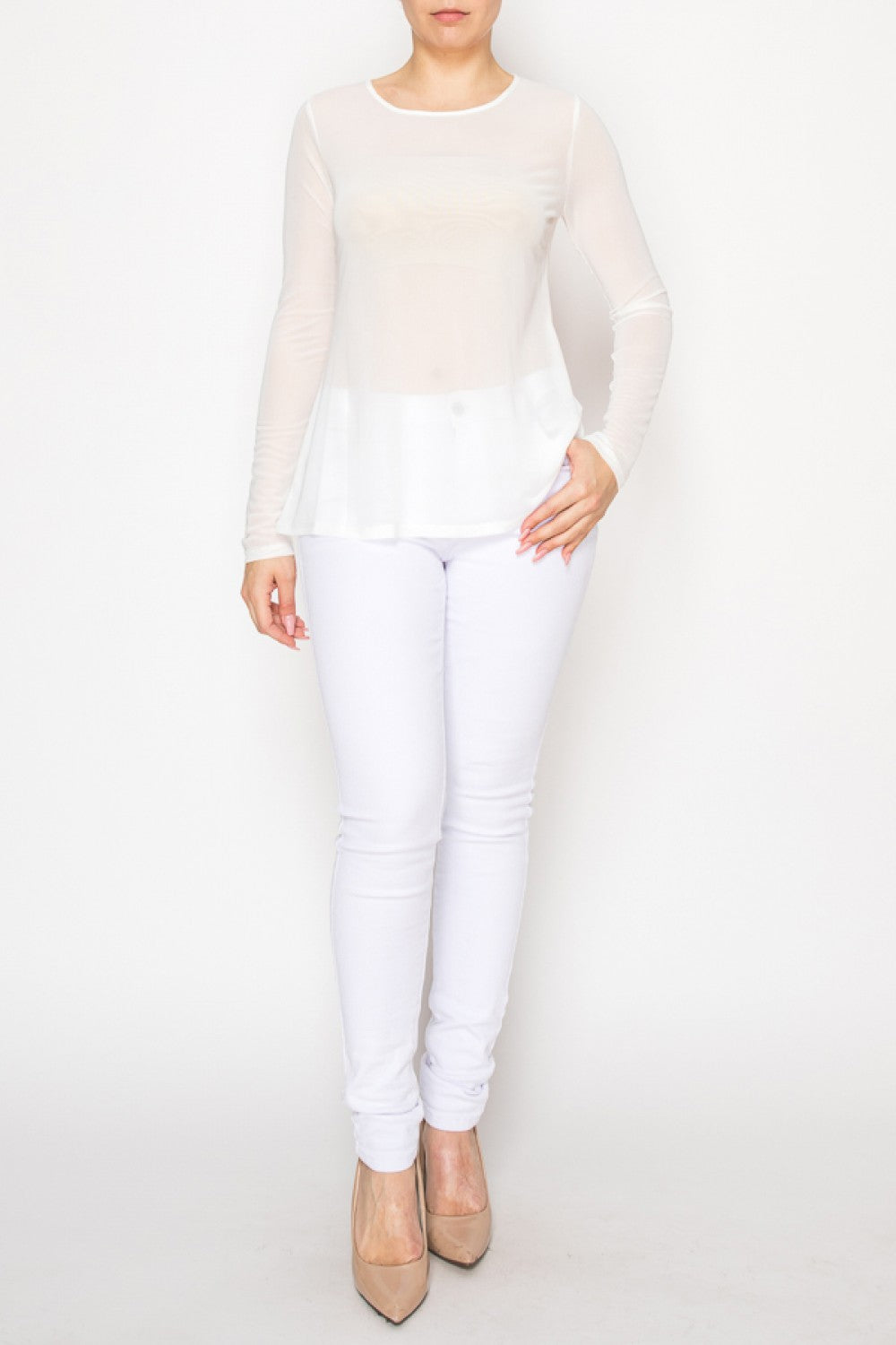 Long Sleeve Mesh Top Ivory