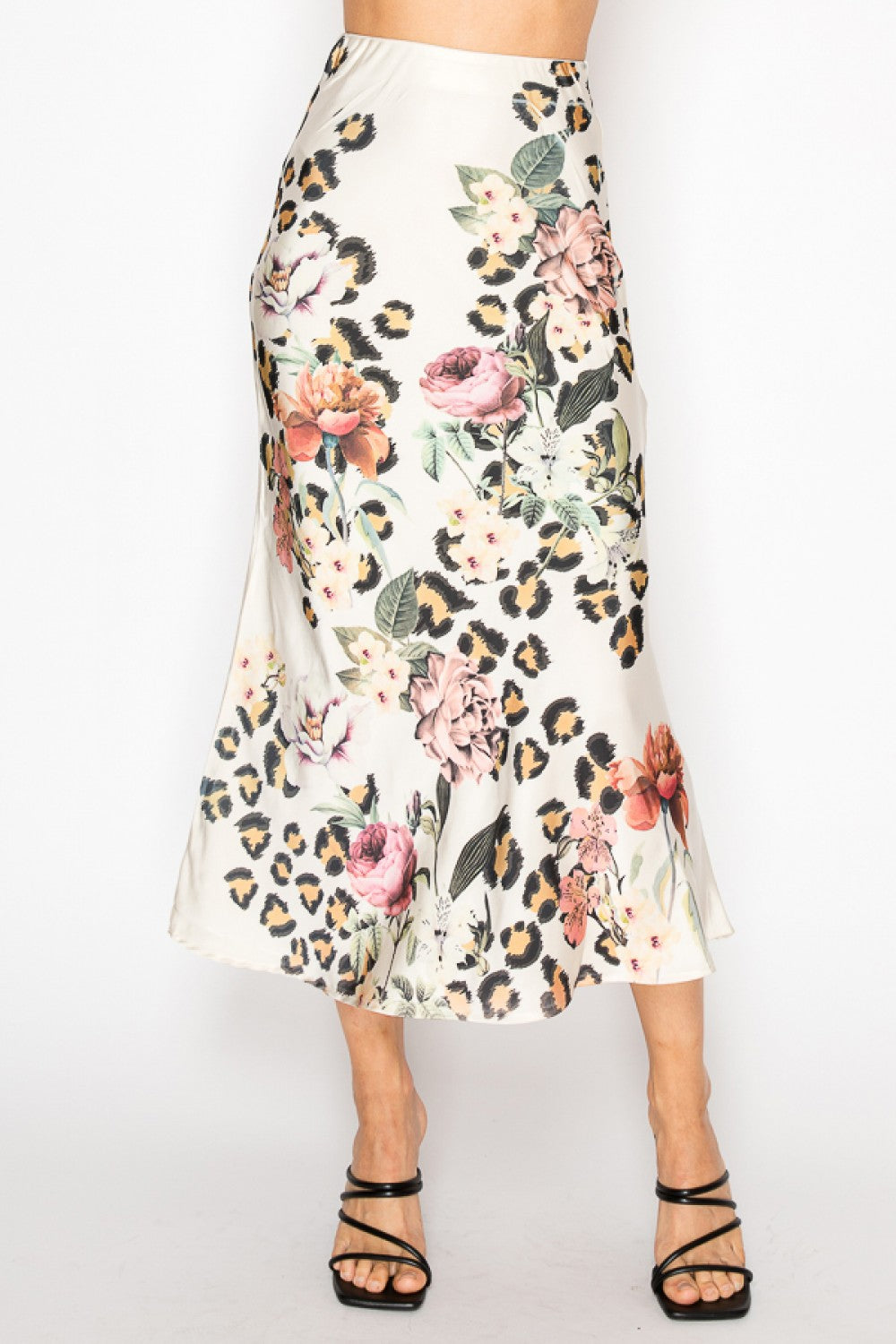 Satin Skirt with Leopard Floral Print