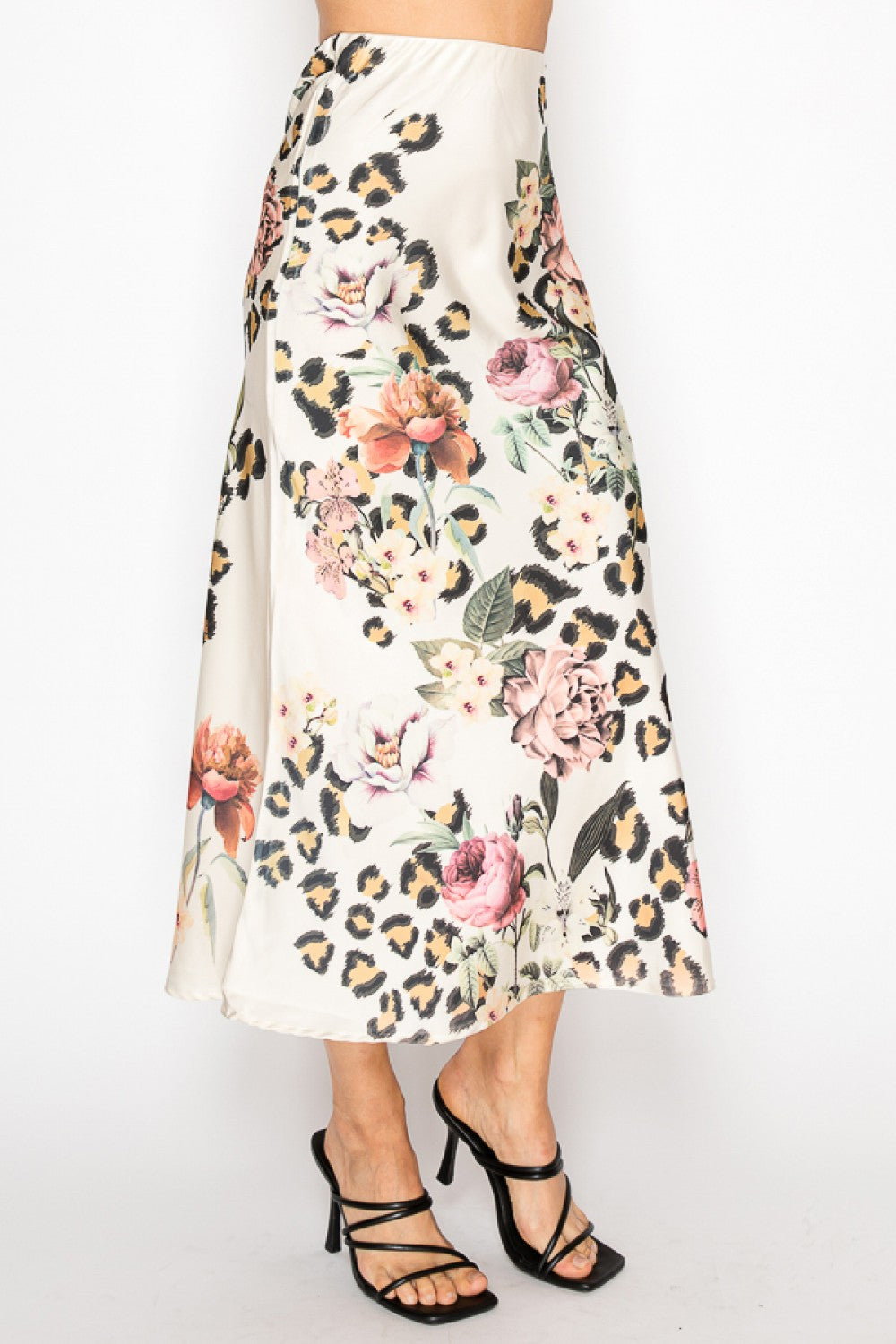Satin Skirt with Leopard Floral Print