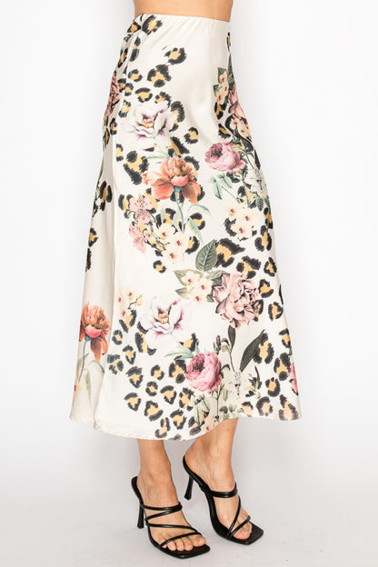 Satin Skirt with Leopard Floral Print