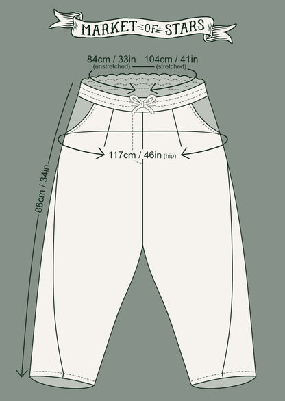 Graphic of dimensions of Head in the Clouds Artist Pant.  Waist, hip and length shown. 