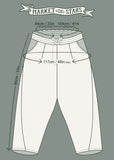 Graphic of dimensions of Head in the Clouds Artist Pant.  Waist, hip and length shown. 