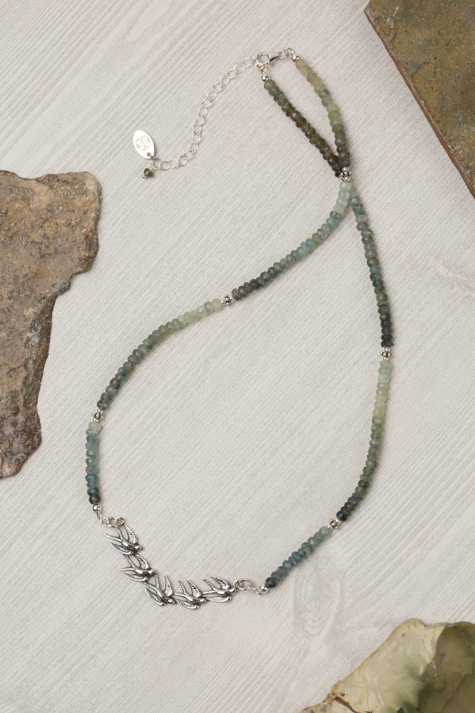 Resilience 18-20&quot; Green Moss Aquamarine With Sterling Silver Birds Simple Necklace