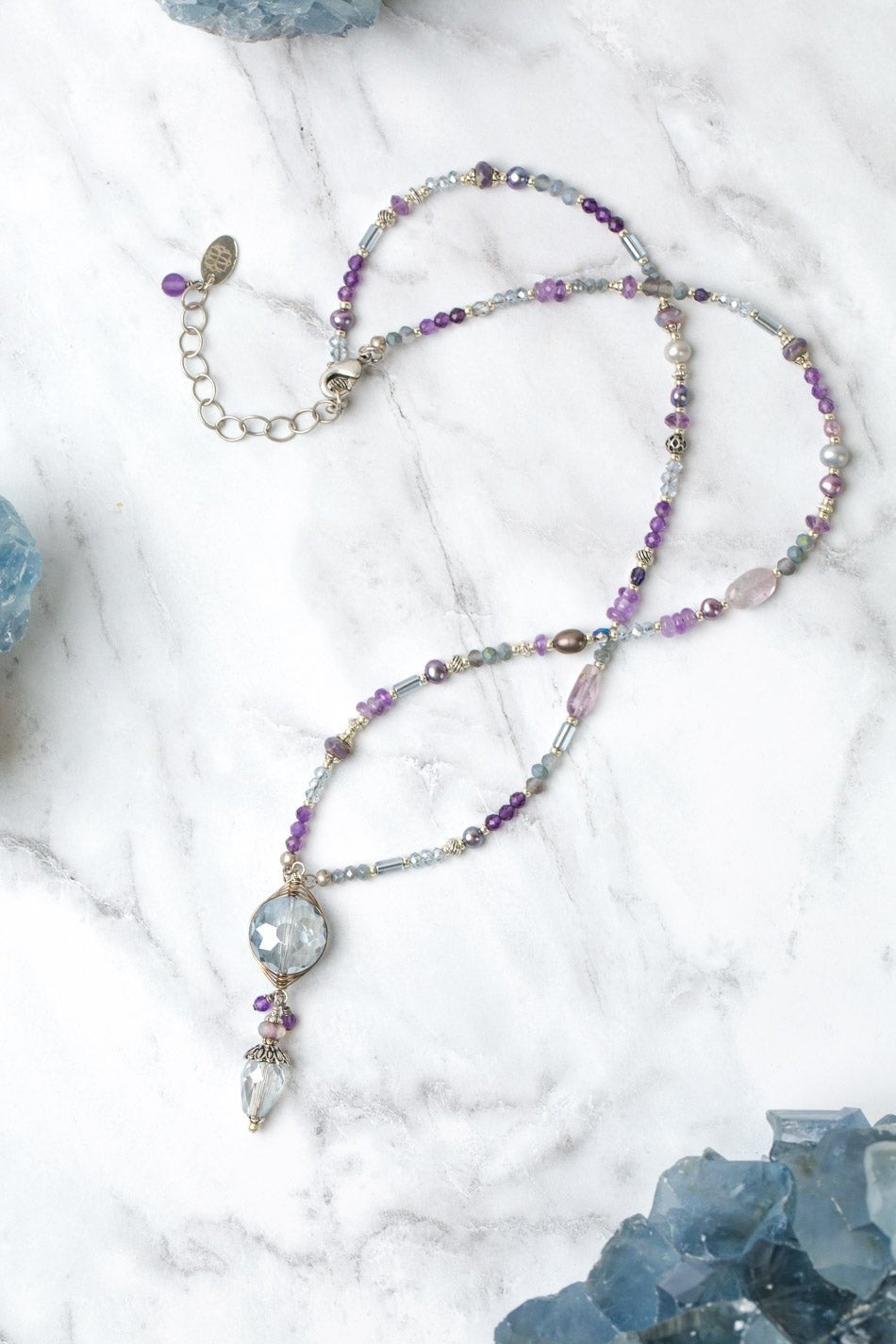 Reflections 20.5 - 22.5" Crystal Herringbone, Amethyst, Czech Glass Collage Necklace - Vintage Vault Boutique