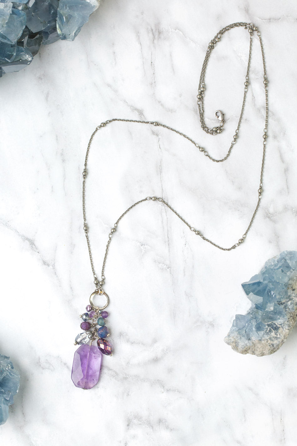 Reflections 17 or 33.5&quot; Amethyst, Czech Glass, Crystal Cluster Necklace