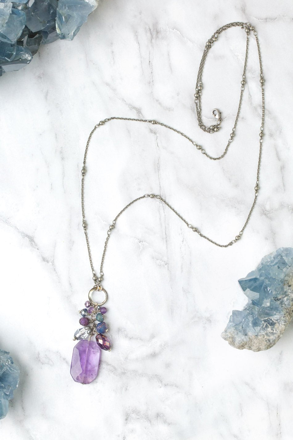 Reflections 17 or 33.5" Amethyst, Czech Glass, Crystal Cluster Necklace - Vintage Vault Boutique