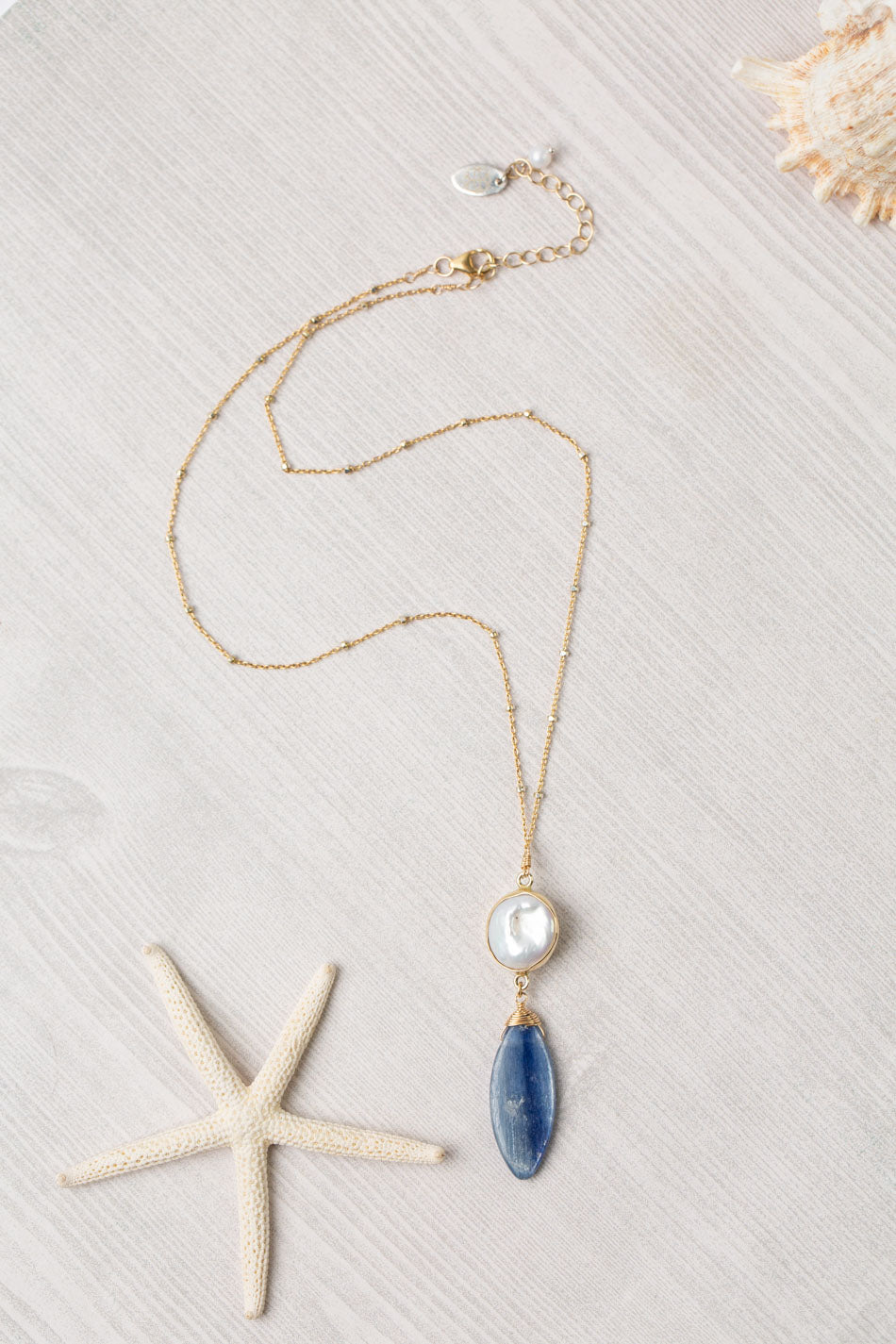 Seaside 16-18&quot; Freshwater Pearl, Kyanite Drop Focal Necklace