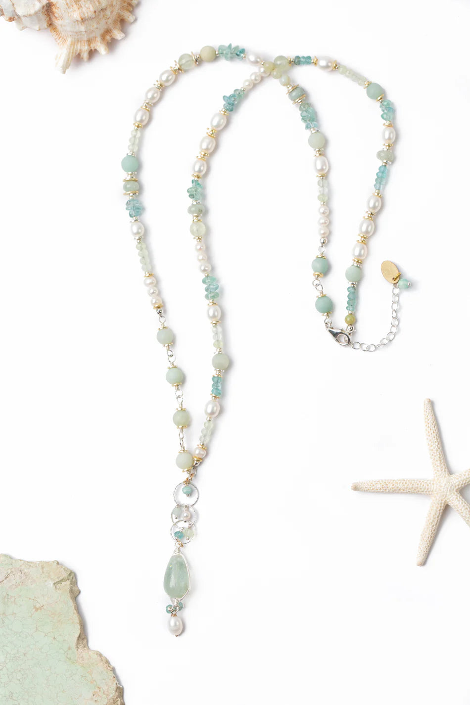 Serenity 25.5-27.5&quot; Aquamarine, Freshwater Pearl, Apatite Dangle Pendant Necklace