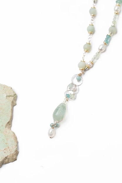 Serenity 25.5-27.5&quot; Aquamarine, Freshwater Pearl, Apatite Dangle Pendant Necklace