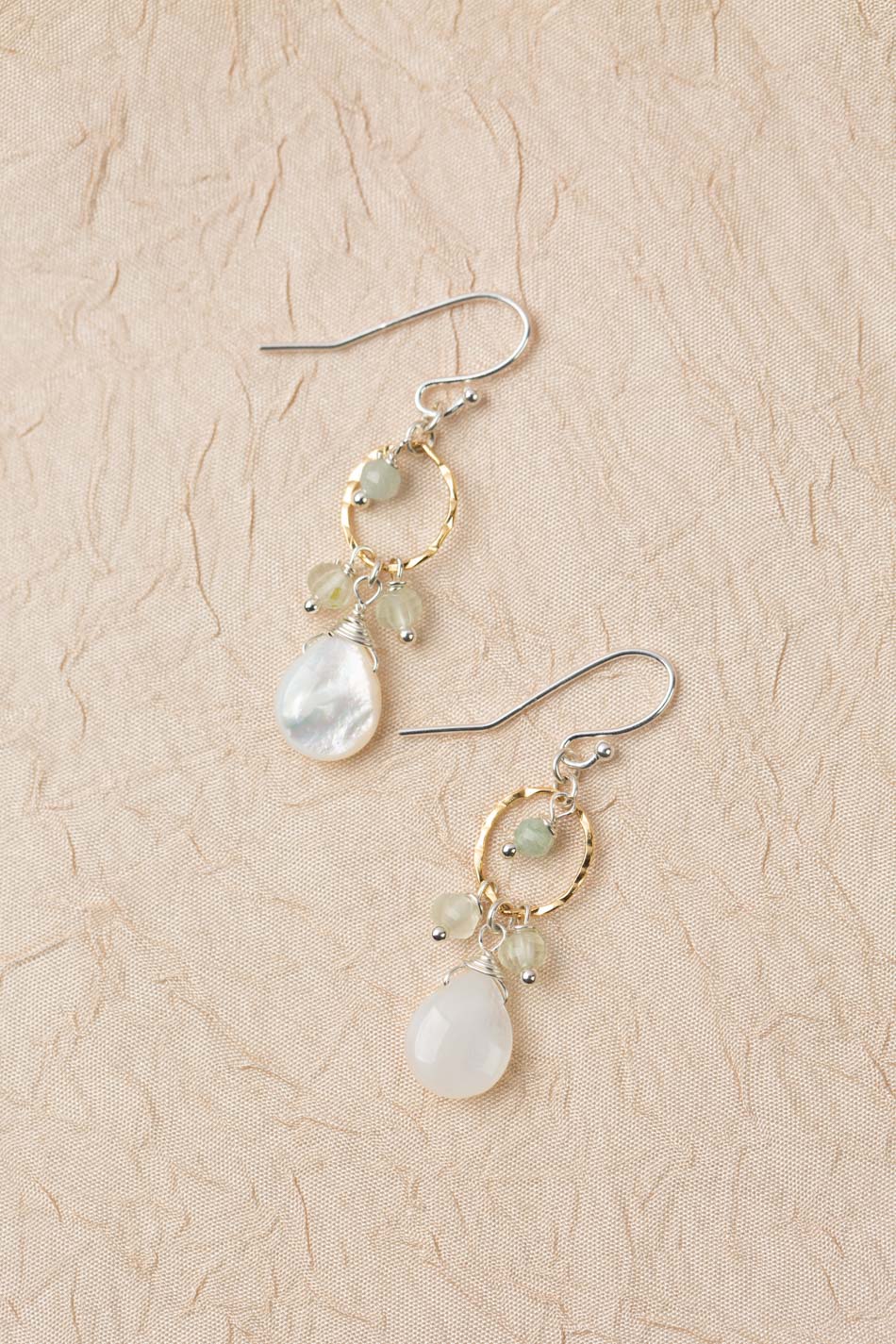 Serenity Aquamarine, Prehnite with Smooth Mother of Pearl Teardrop Cluster Earrings