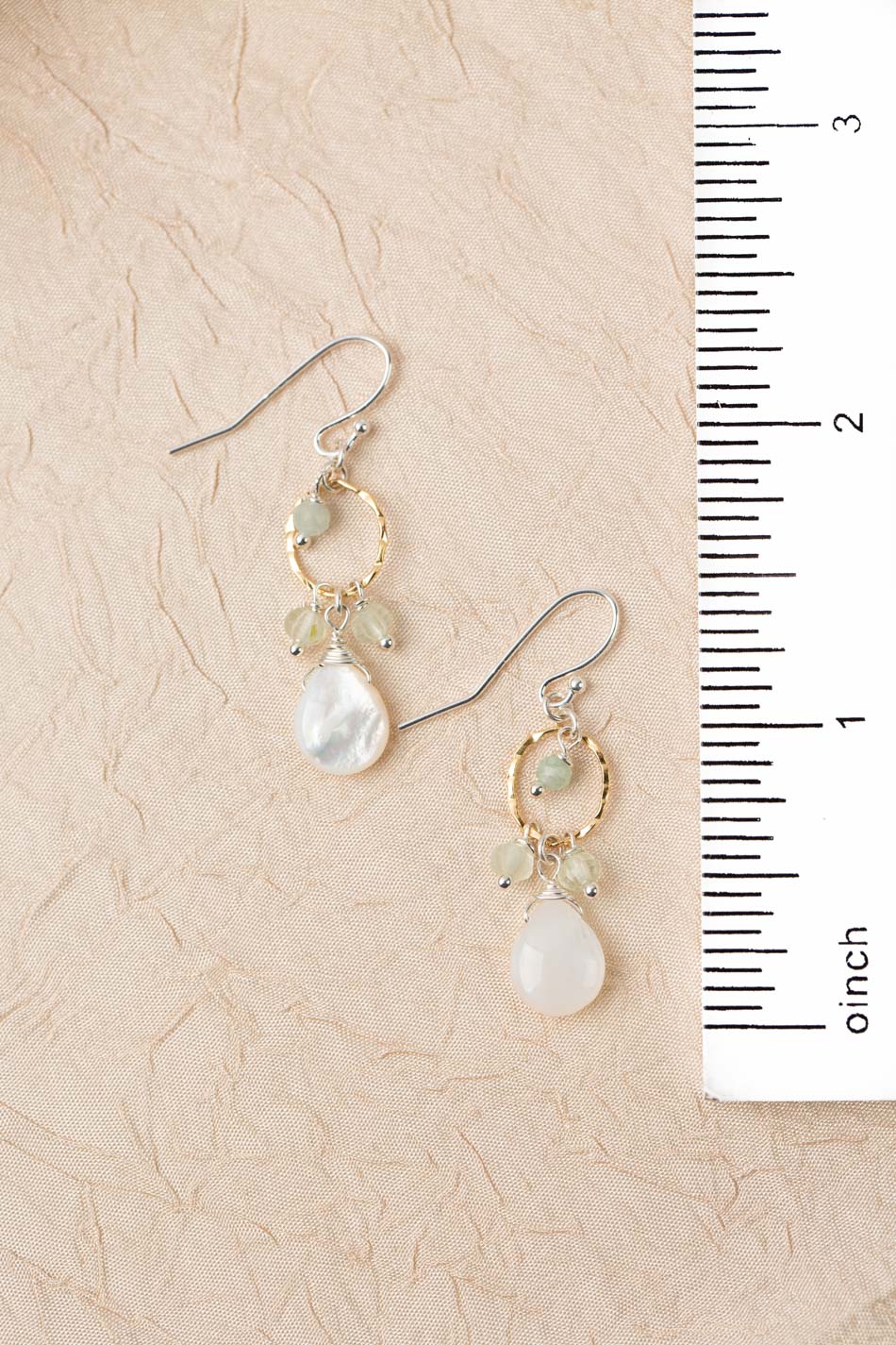 Serenity Aquamarine, Prehnite with Smooth Mother of Pearl Teardrop Cluster Earrings