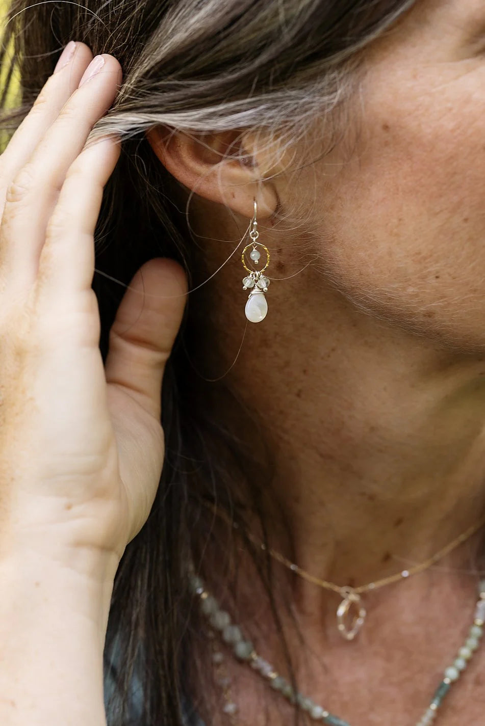 Serenity Aquamarine, Prehnite with Smooth Mother of Pearl Teardrop Cluster Earrings