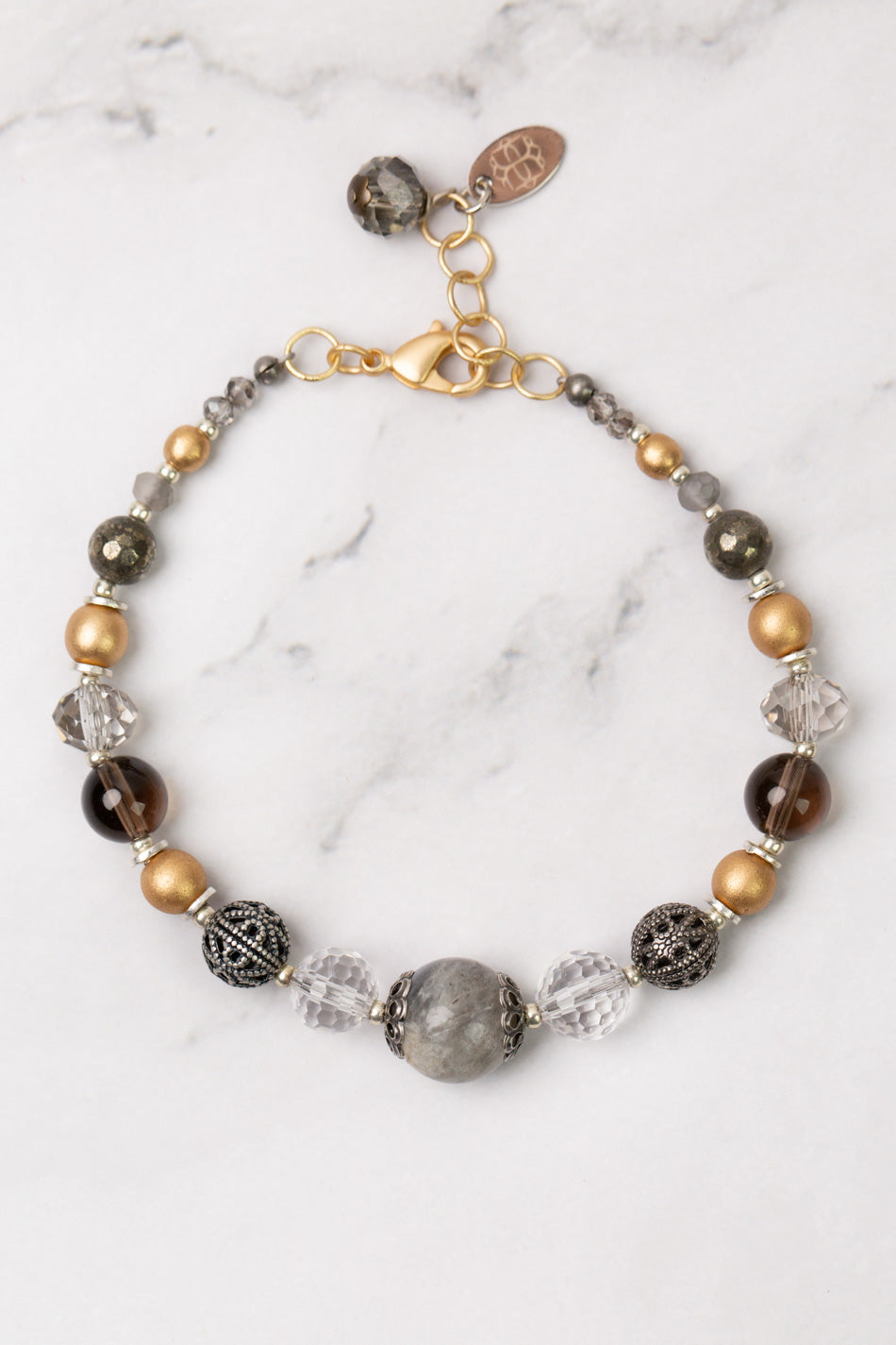 Silver &amp; Gold 7.5-8.5&quot; Labradorite, Quartz, Czech Glass Simple Bracelet