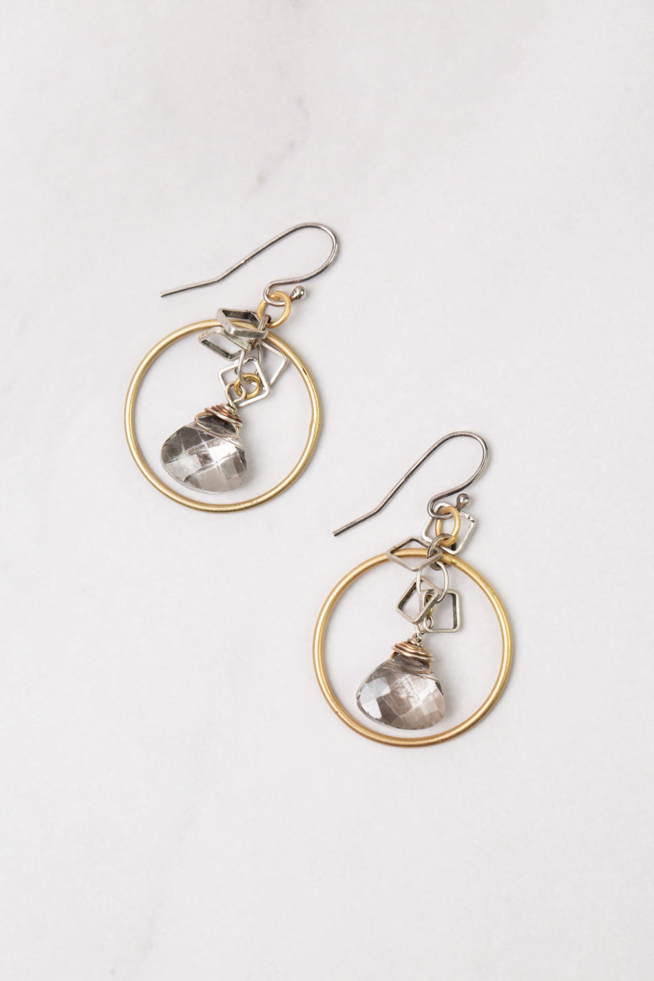 Silver &amp; Gold Smoky Gray Faceted Crystal Briolette Hoop Earrings