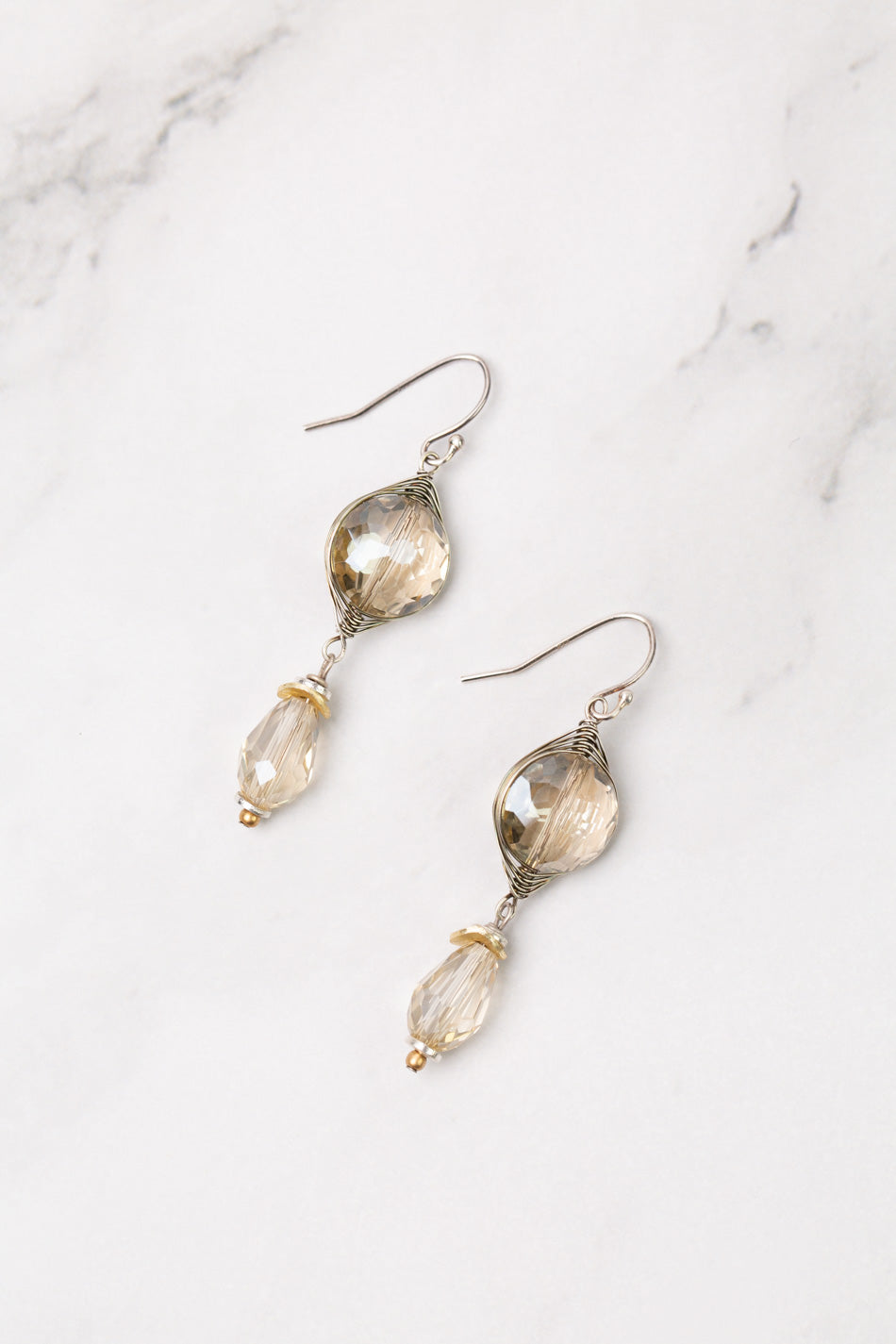 Silver &amp; Gold Faceted Crystal Herringbone Earrings