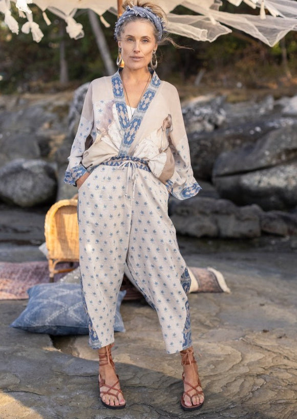 Front view of model wearing Head in the Clouds cropped kimono and Head in the Clouds Artist Pant.