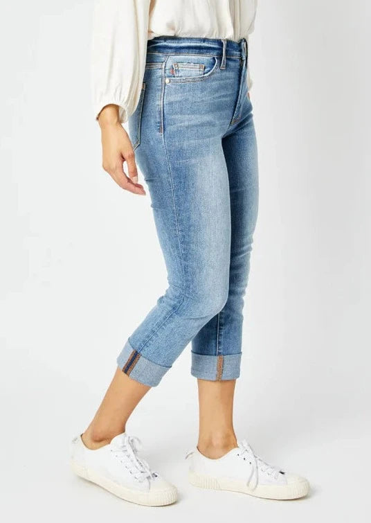 JUDY BLUE Mid Rise Skinny Cuffed Capri Denim  