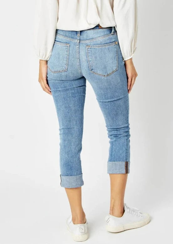 JUDY BLUE Mid Rise Skinny Cuffed Capri Denim  