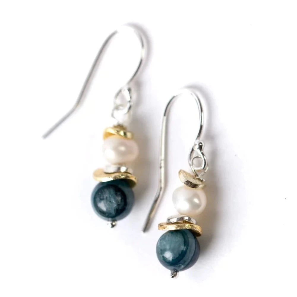 SeaSide E47, Kyanite, Freshwater Pearl Dangle Earrings