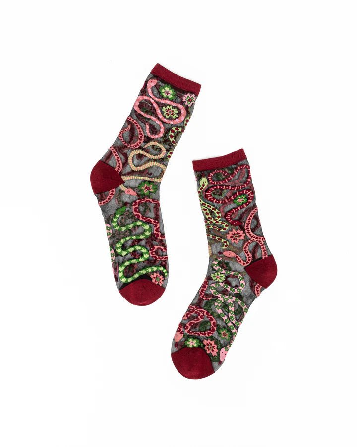 Serpentine Floral Black Sheer Crew Sock - Vintage Vault Boutique