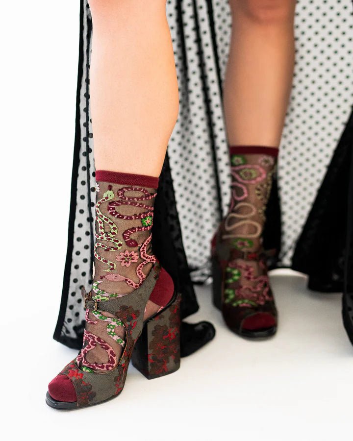 Serpentine Floral Black Sheer Crew Sock - Vintage Vault Boutique