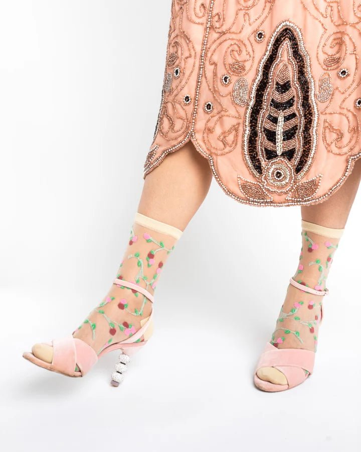 Sheer Rosettes Crew Sock - Vintage Vault Boutique