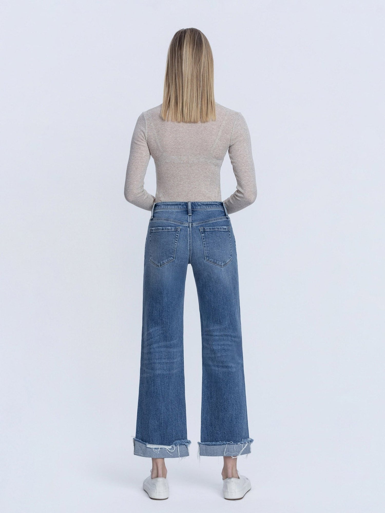 Mid Rise Cuffed Baggy Slim Wide Jean - Vintage Vault Boutique