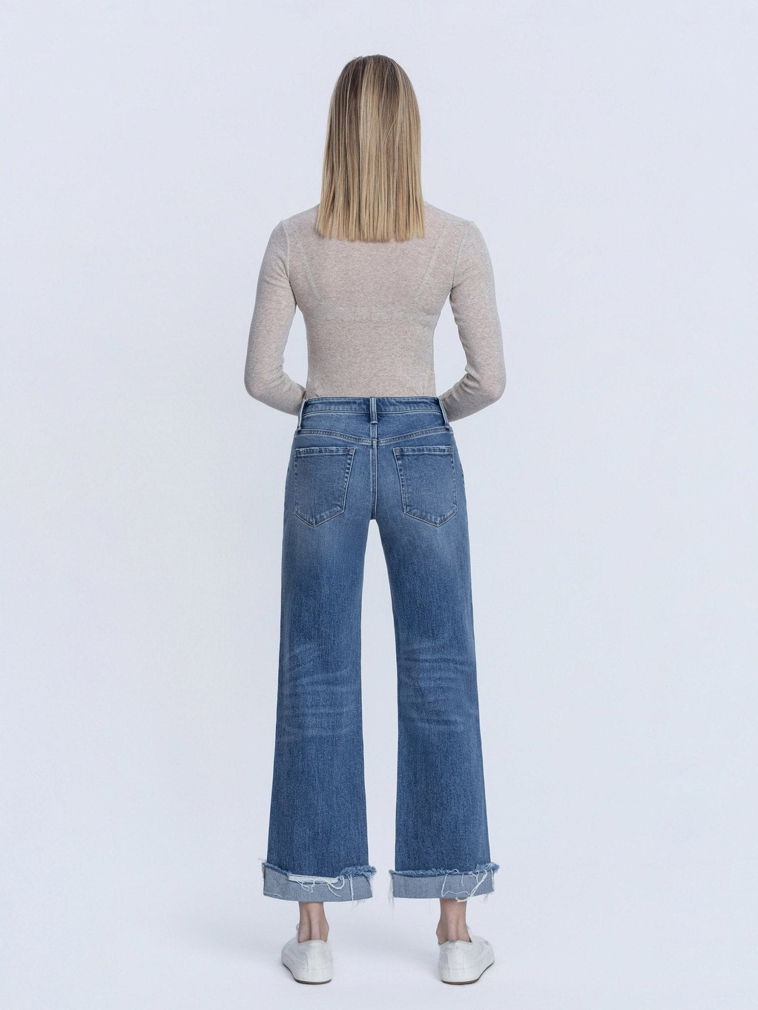 Mid Rise Cuffed Baggy Slim Wide Jean - Vintage Vault Boutique