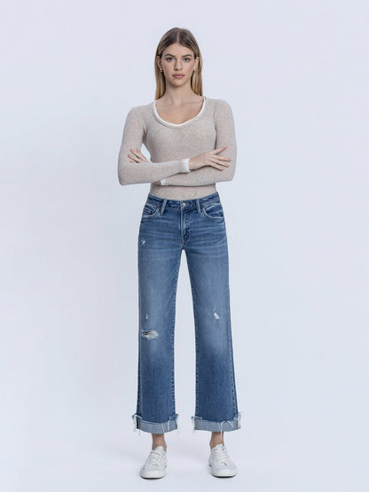Mid Rise Cuffed Baggy Slim Wide Jean - Vintage Vault Boutique