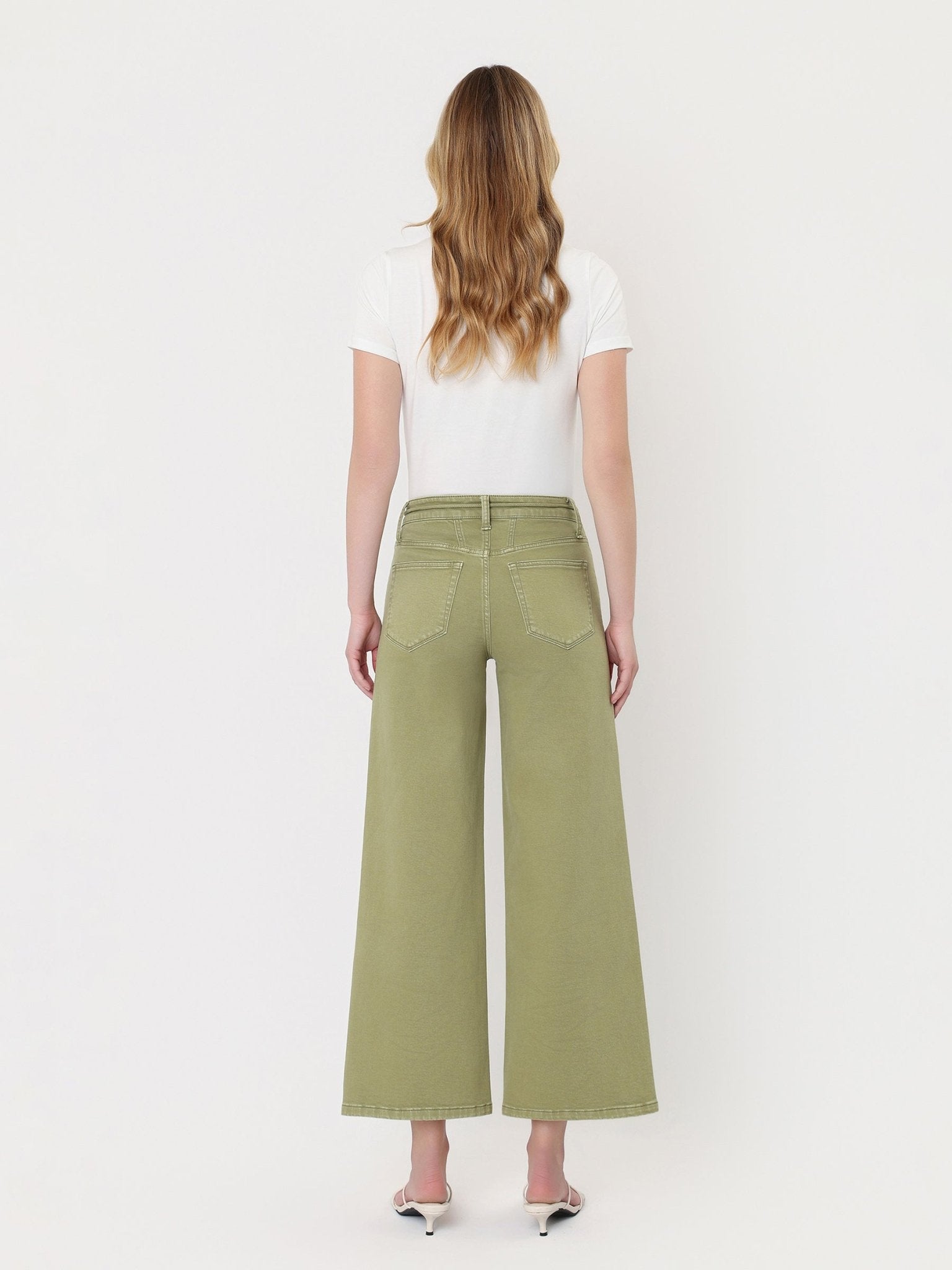 Green High Rise Drawstring Crop Wide Leg Jean - Vintage Vault Boutique