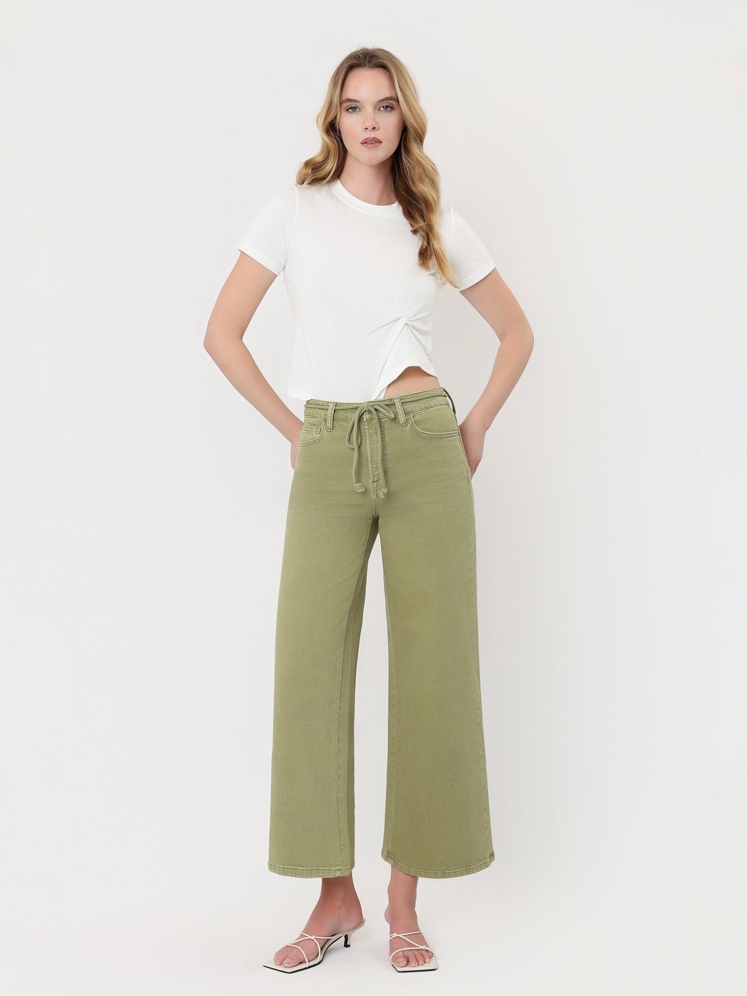 Green High Rise Drawstring Crop Wide Leg Jean - Vintage Vault Boutique