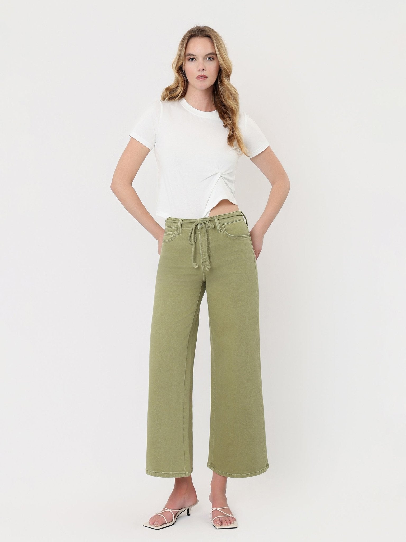 Green High Rise Drawstring Crop Wide Leg Jean - Vintage Vault Boutique