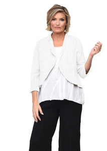 front view of Landon Jacket in white on a model wearing a white top and black pants.