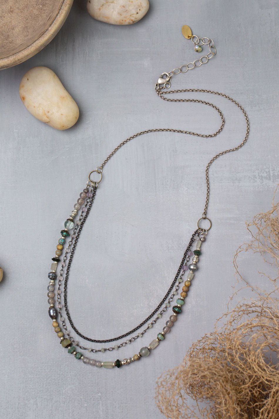 Venetian Dreams 22.5-24.5" Freshwater Pearl, Fluorite, Roman Glass Multistrand Necklace - Vintage Vault Boutique
