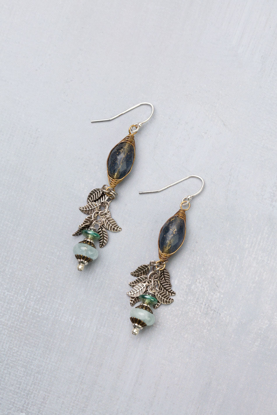 Venetian Dreams Aquamarine, Antique Silver Plated Brass Leaves With Faceted Czech Glass Herringbone Earrings