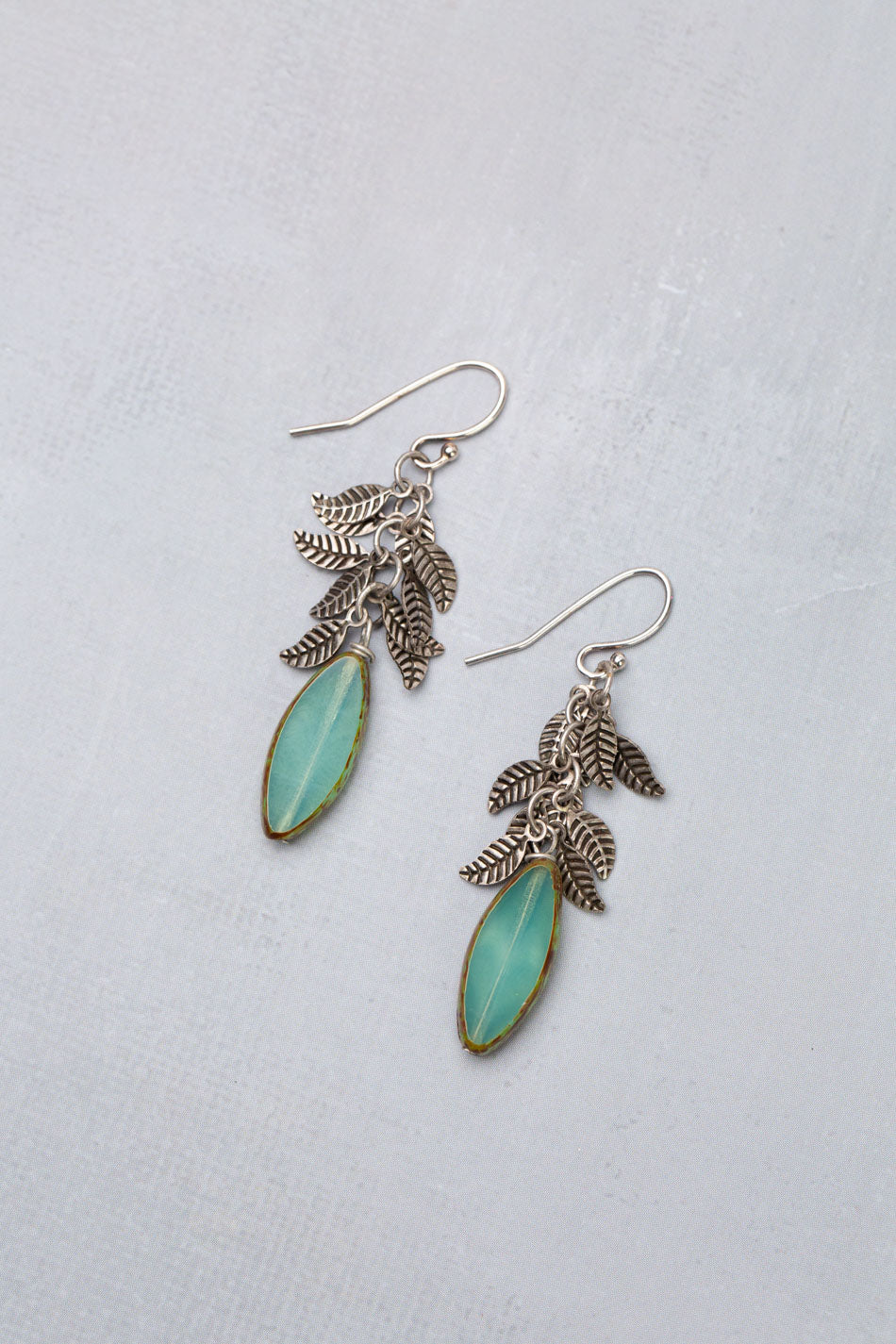 Venetian Dreams Antique Silver Plated Brass Leaves With Long Czech Glass Green Oval Dangle Earrings