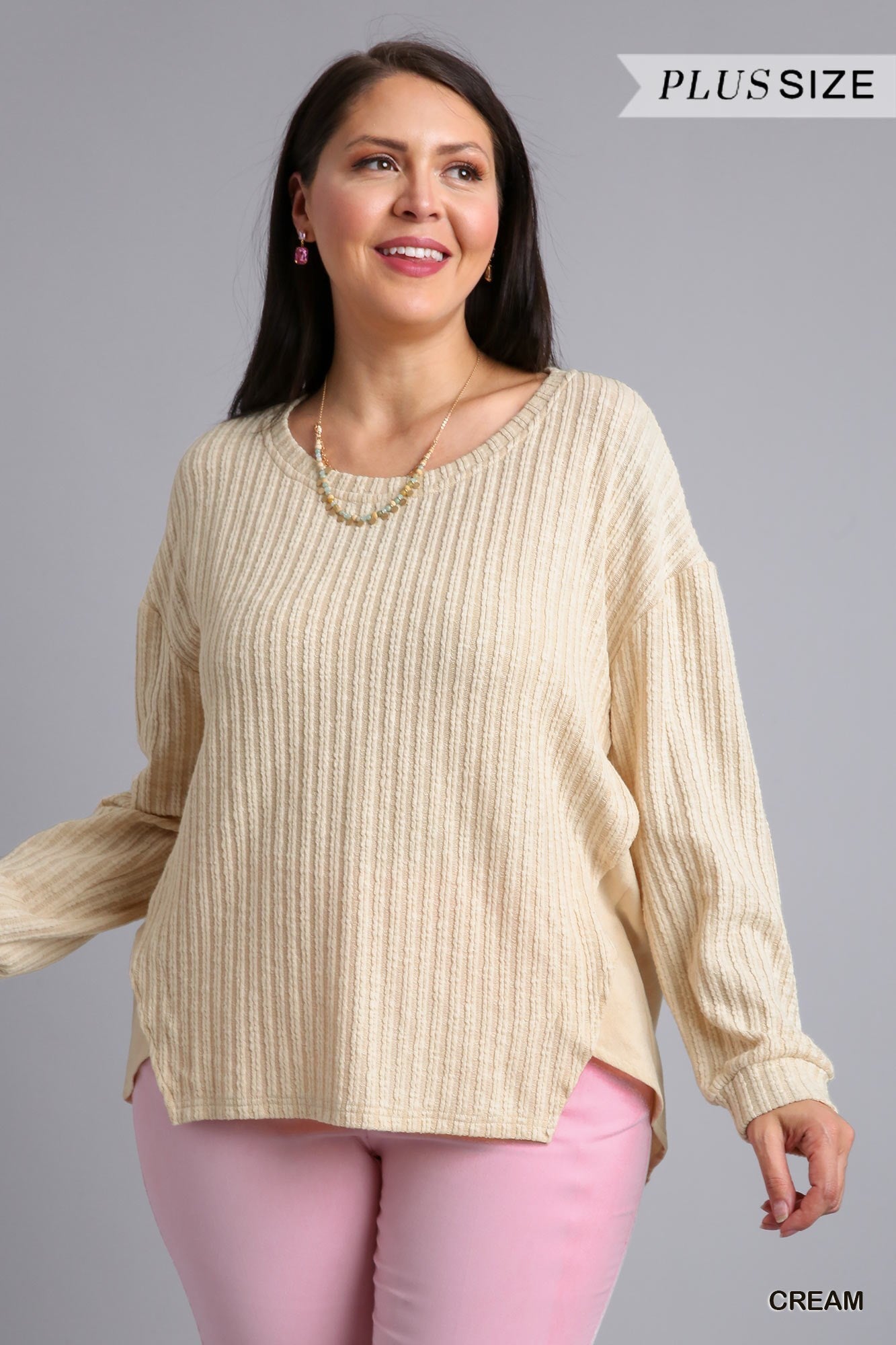 Cream Ribbed Knit Long Sleeve Top 