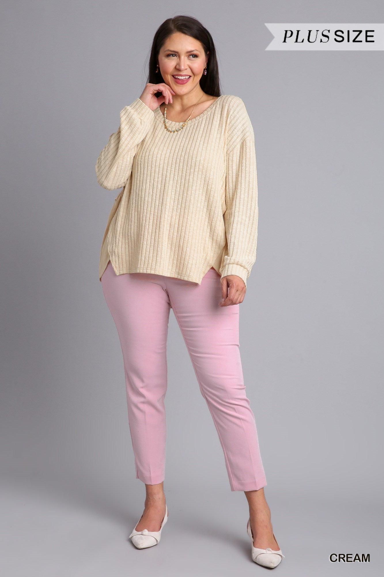 Cream Ribbed Knit Long Sleeve Top 